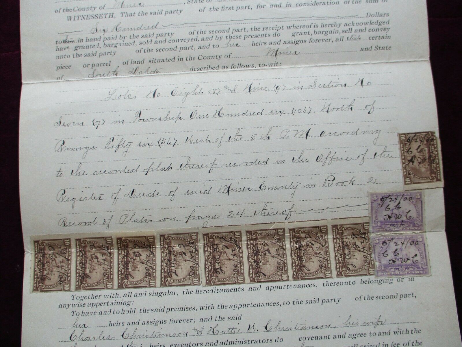 1900 (11 stamps) Miner,South Dakota signed Sammelson,Willard,Christianson deeds!