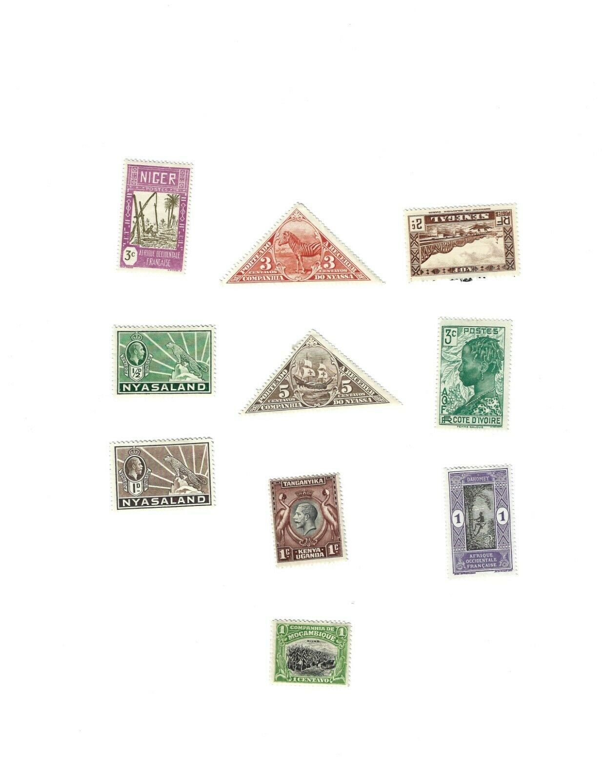 10 African Stamps - Niger - Nyasaland - Ivory Coast - Senegal - Kenya - Uganda