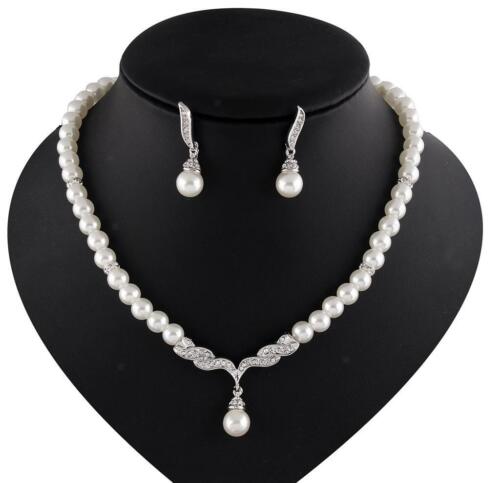 Wedding Bridal Crystal Rhinestone White Pearl Necklace Earrings Gift Jewelry Set