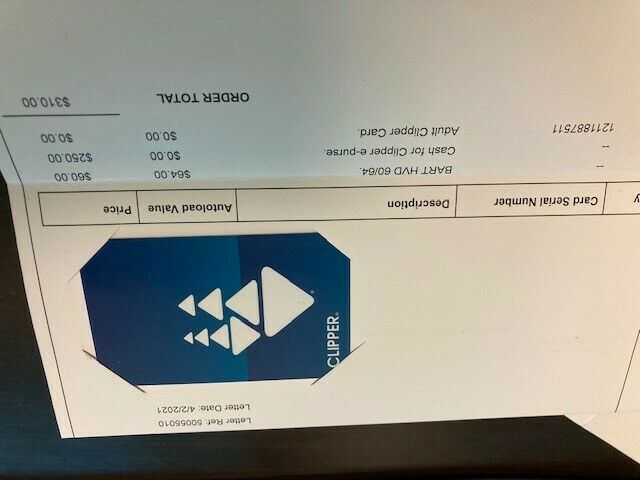 Clipper Bay Area transit card with $310 of value