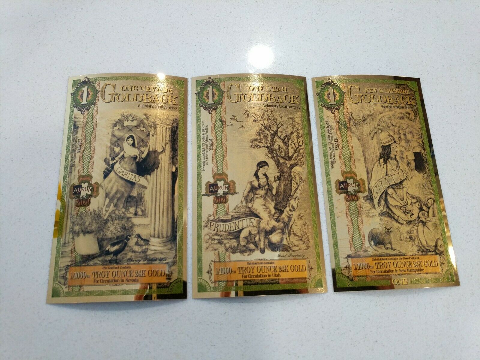 (3 note set) Goldback Notes 1 Nevada, 1 Utah, and 1 New Hampshire 24k .9999 gold