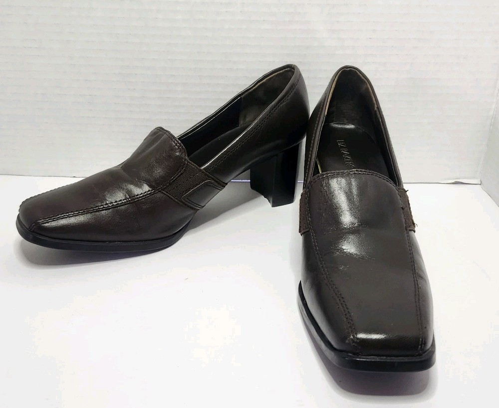 Liz Baker Brown Leather Shoes Womens 6M Slip-On Comfort Square Toe Block Heels