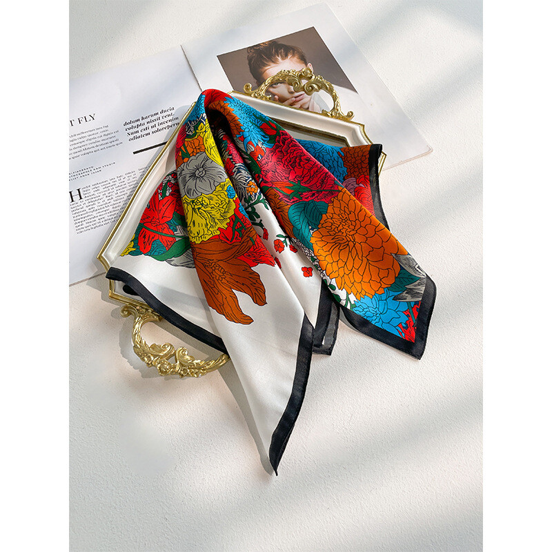 100% Mulberry Silk Scarf for Women – Square Headband Necktie 20 Inch Floral Print