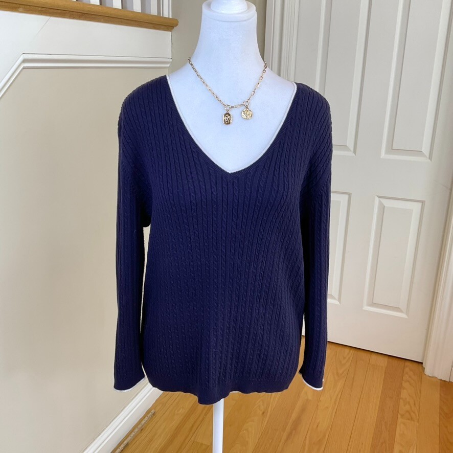 Lauren Ralph Lauren Sweater Cotton Cable Knit V-Neck Long Sleeve Blue White (L)