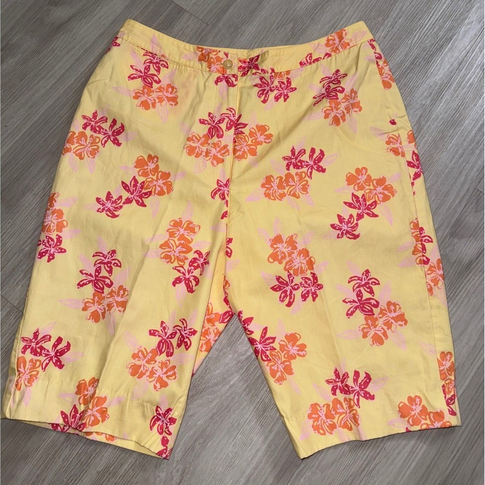 Lilly Pulitzer Yellow Floral Bermuda Short Womens 10 Pink Orange Tropical Cotton