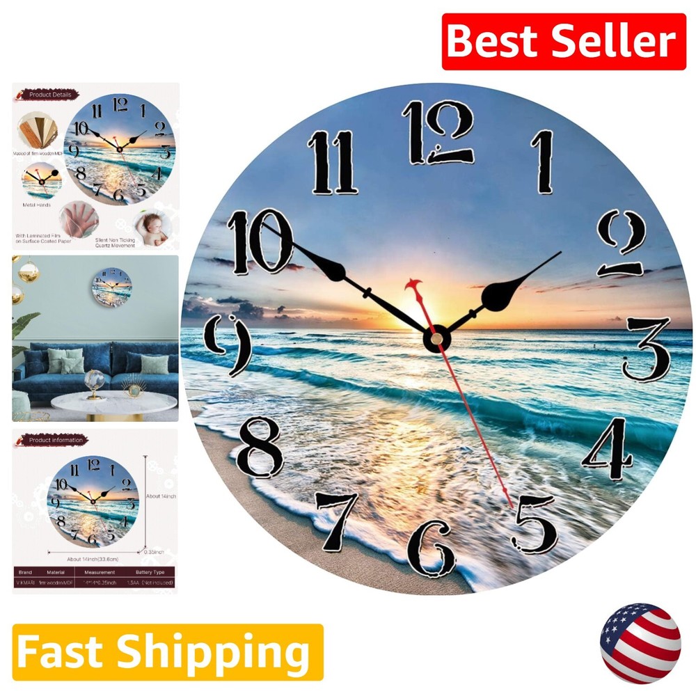 Wooden Wall Clock - 14 Inch - Silent Non-Ticking - Easy to Read - Ocean Wave