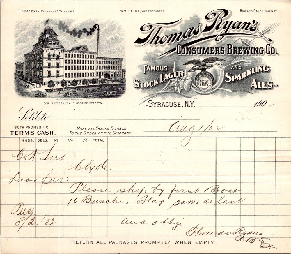 1902 Thomas Ryan's Consumers Brewing Co Syracuse NY Pre-Prohibition Letterhead
