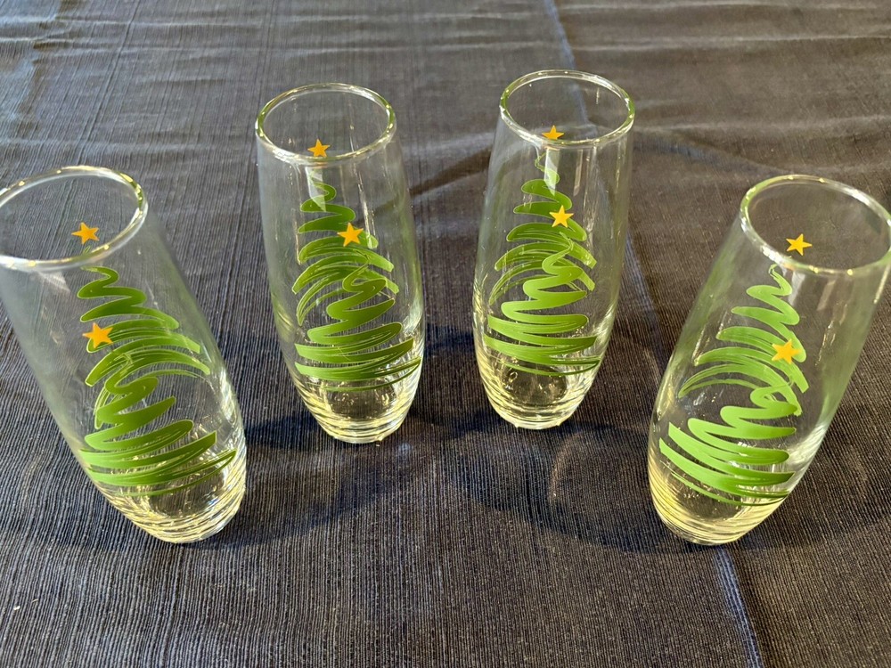 Set of 4 Stemless Flute WINE GLASSES Champaign Christmas Tree 6
