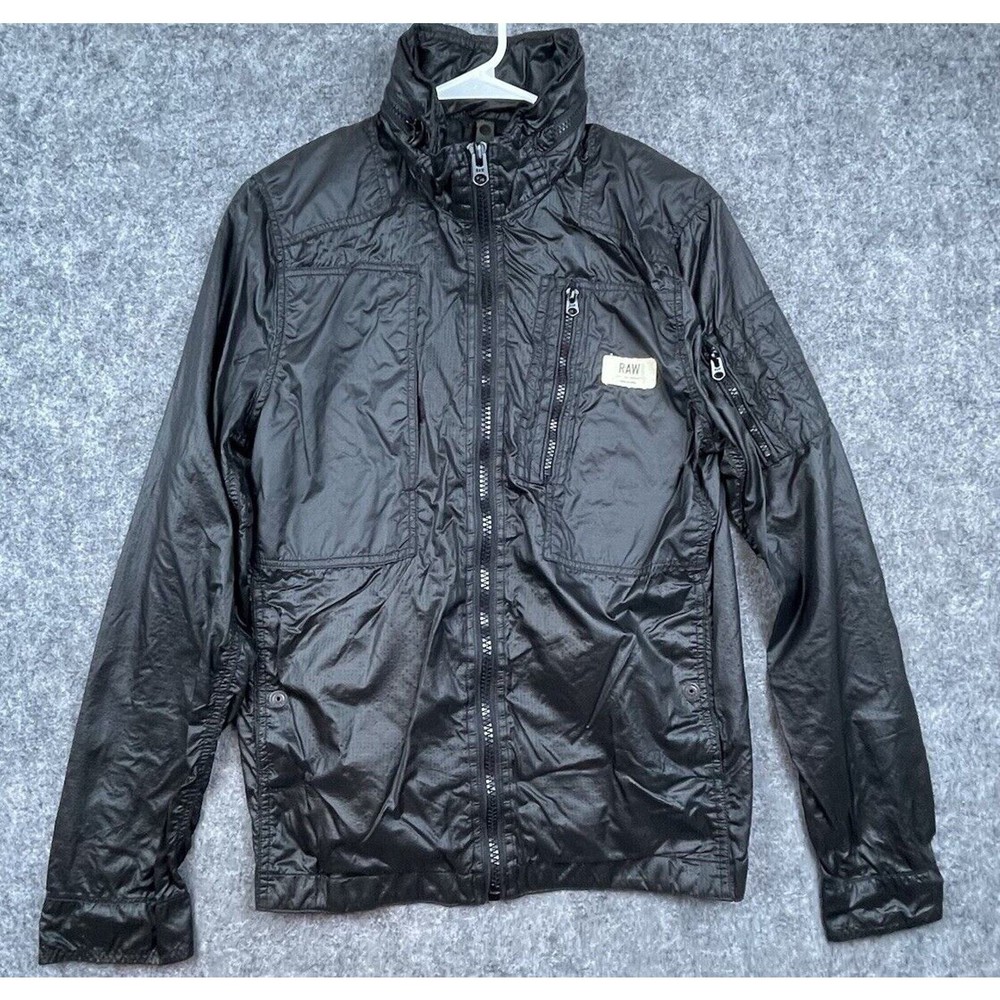 G Star Raw Jacket Womens Large Black Overshirt Cargo Line Hidden Hood Shiny