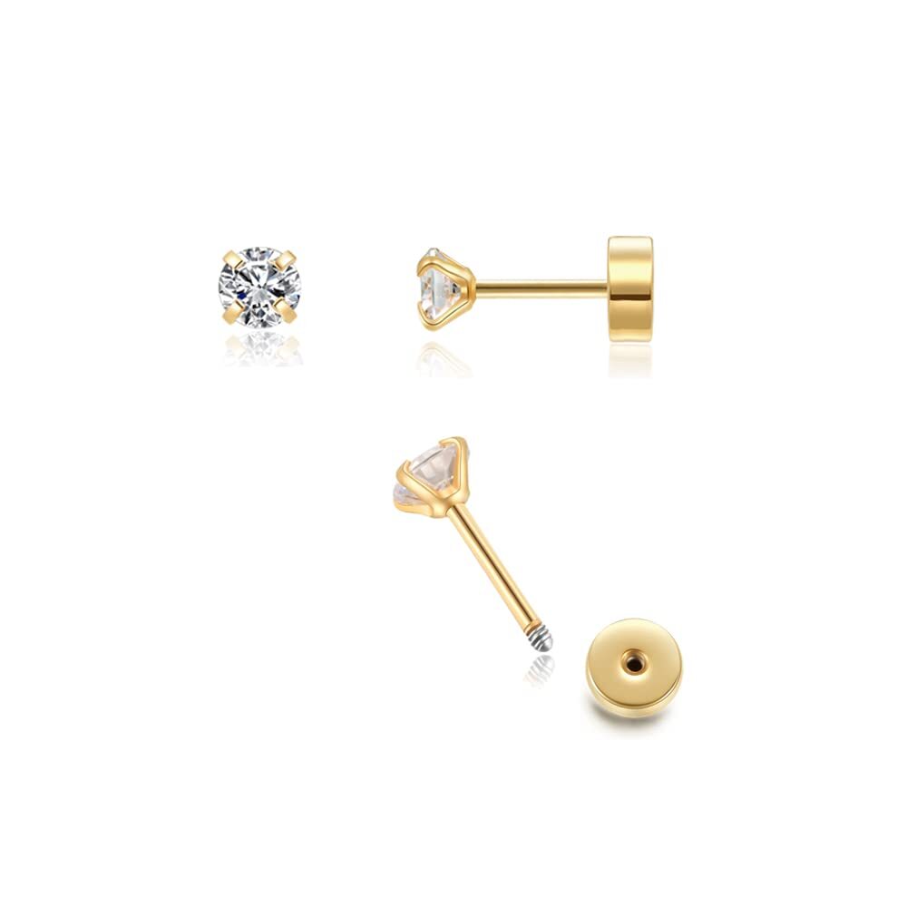 3mm CZ Flat Screw Back Stud Earrings in 14K Gold - Small Cubic Zirconia Earrings for Women
