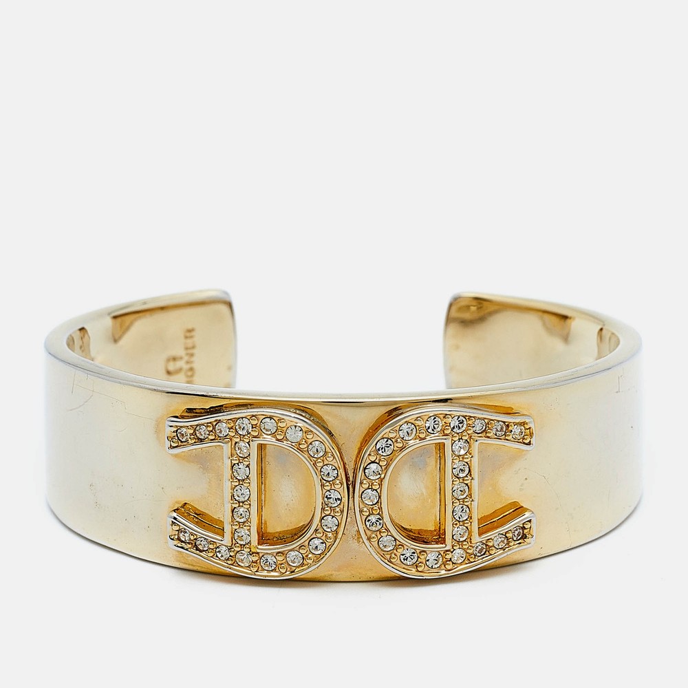 Aigner Gold Tone Crystal Studded Logo Open Cuff Bracelet