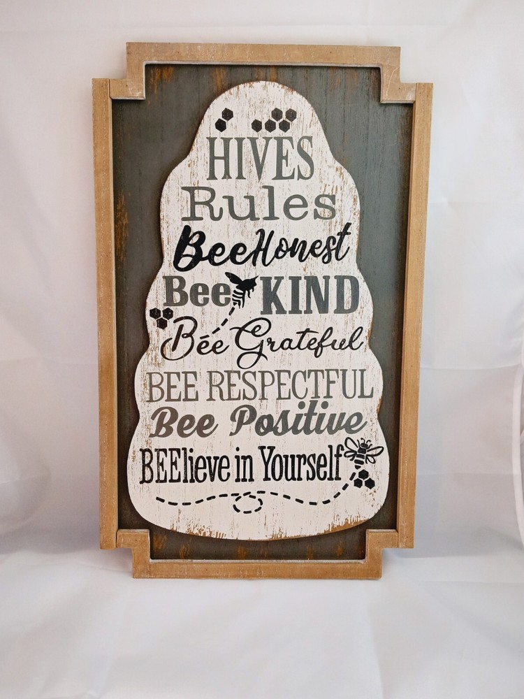 Farmhouse Beehive Rules Natural Wood Frame Home Wall Decor.🐝.🐝