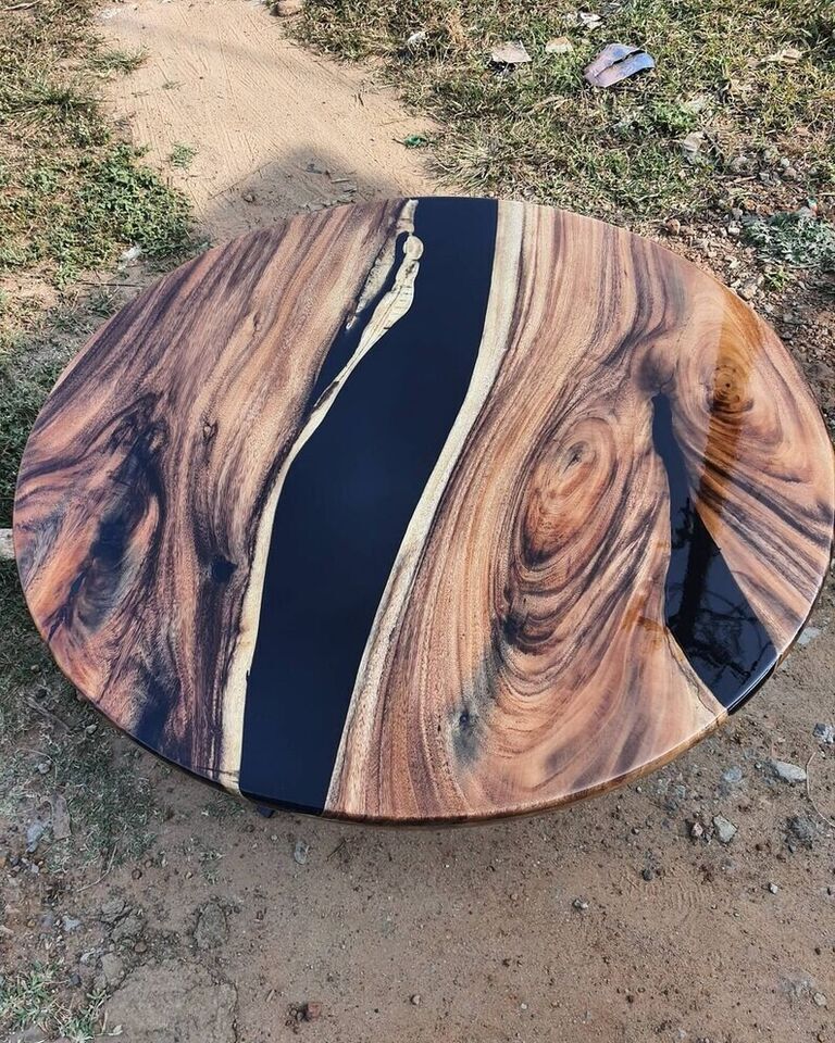 Natural Wood Black Epoxy Dining Table, Center Table, Unique Side Table Home Deco