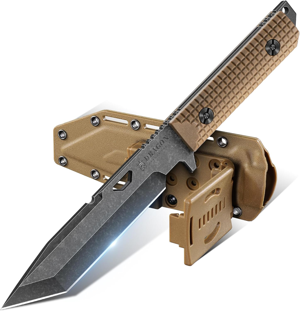 Tactical Survival Knife with Kydex Sheath D2 Steel Blade G10 Handle