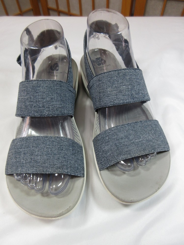 Clarks CloudSteppers Soft Cushion Blue Denim Look Stretchy Backstrap Sandal SZ 8