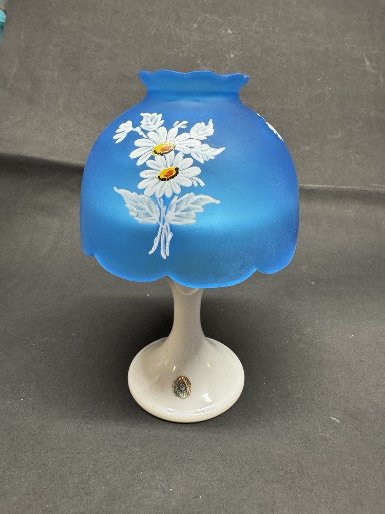 Vintage Westmoreland Blue Satin Milk Glass Hand Painted Daisy Fairy Lamp  
