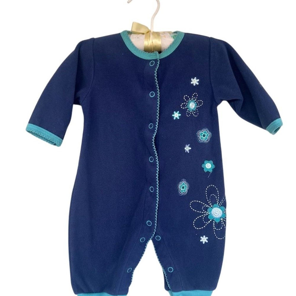 Carter's Vintage Blue Fleece Baby Pajama Coverall with Floral Embroidery