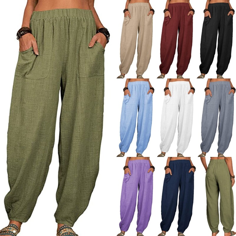 Womens Elastic Waist Cotton Linen Harem Pants Ladies Casual Baggy Solid Trouser~
