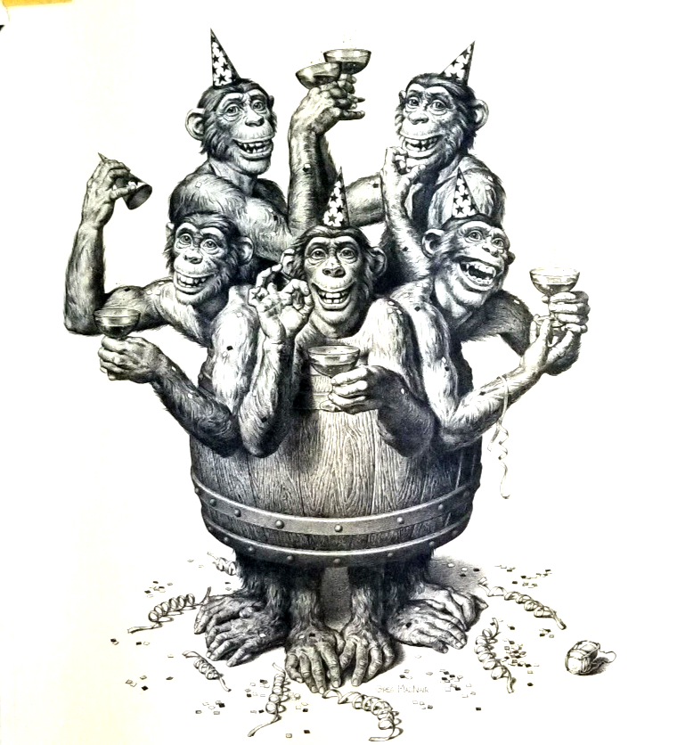Original graphite pencil large drawing of barrel of monkeys, Greg MacNair