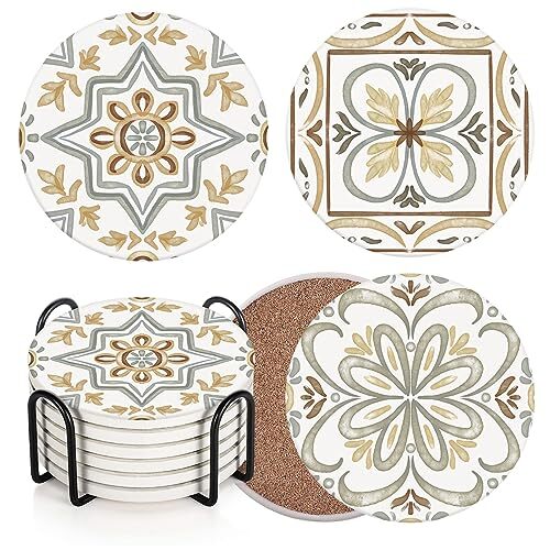 Coaster for Drinks Set of 6, Ceramic Gray Moroccan Talavera Absorbent Tiles