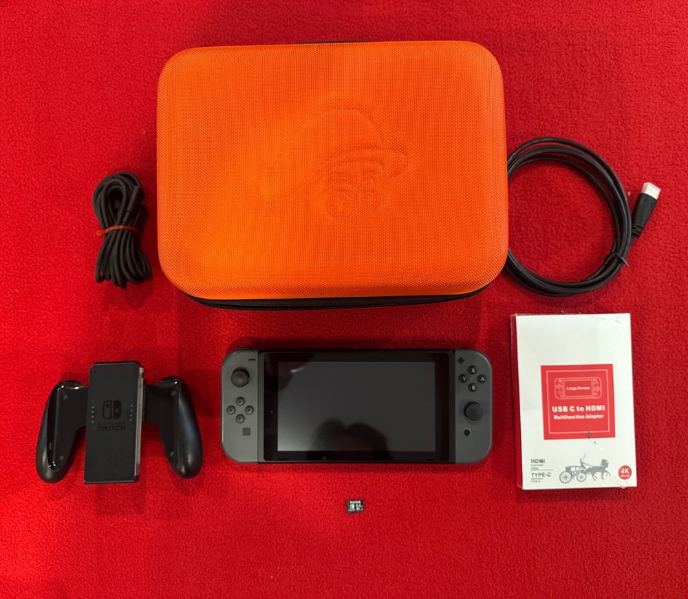 Nintendo Switch V2 Console Bundle Grey JoyCons New Trv Dock +Mario Case +64GB SD