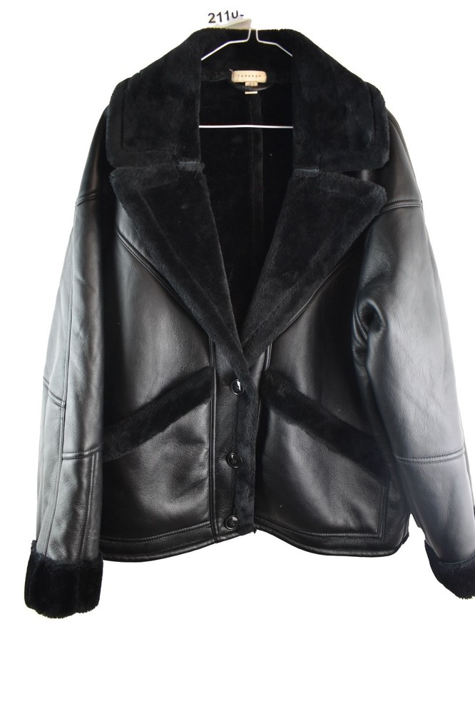 TOPSHOP Black Faux Leather Bomber Jacket size Uk 14 Womens Shearling Casual