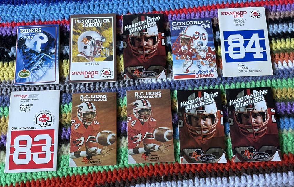 Lot of 10 Vintage CFL Schedules - Canadian Football 1980s - Riders, Lions + MORE
