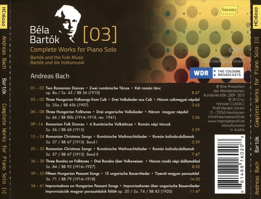 Bartok Complete Piano Solo Works Vol 3 by Bela Bartok and Andreas Bach CD 2016