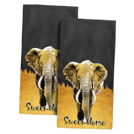 Black Gold Elephant Hand Towel Set of 2, 14x28 Inches Bathroom Decor