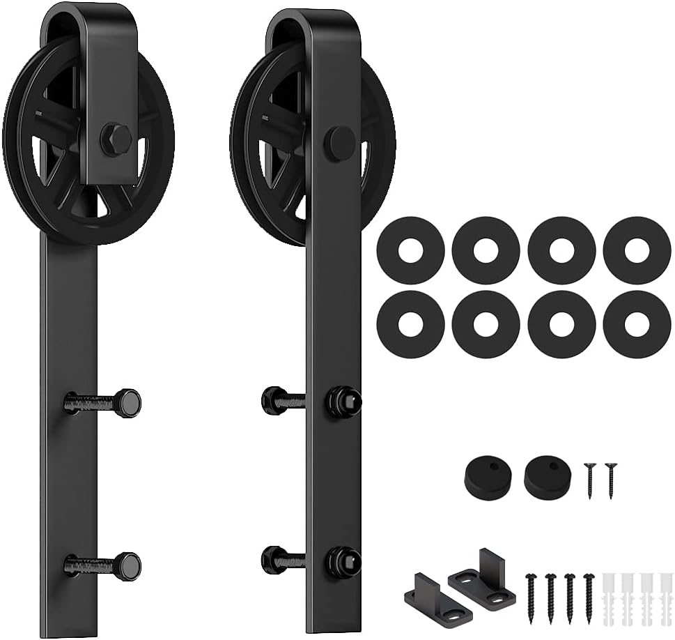 Black Sliding Barn Door Hardware Roller Set with Spoke Wheel Hangers