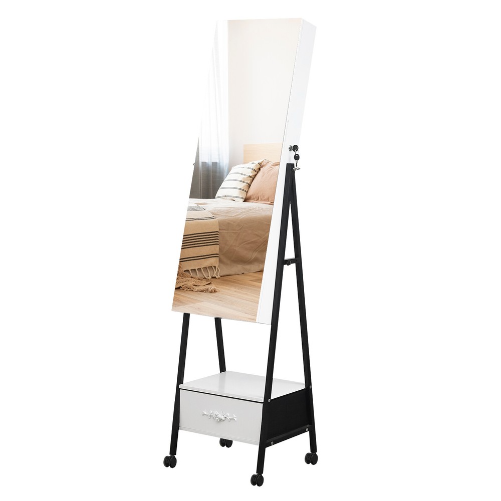 Standing Jewellery Cabinet Full Length Mirror Armoire on Wheels w/Bottom Drawer