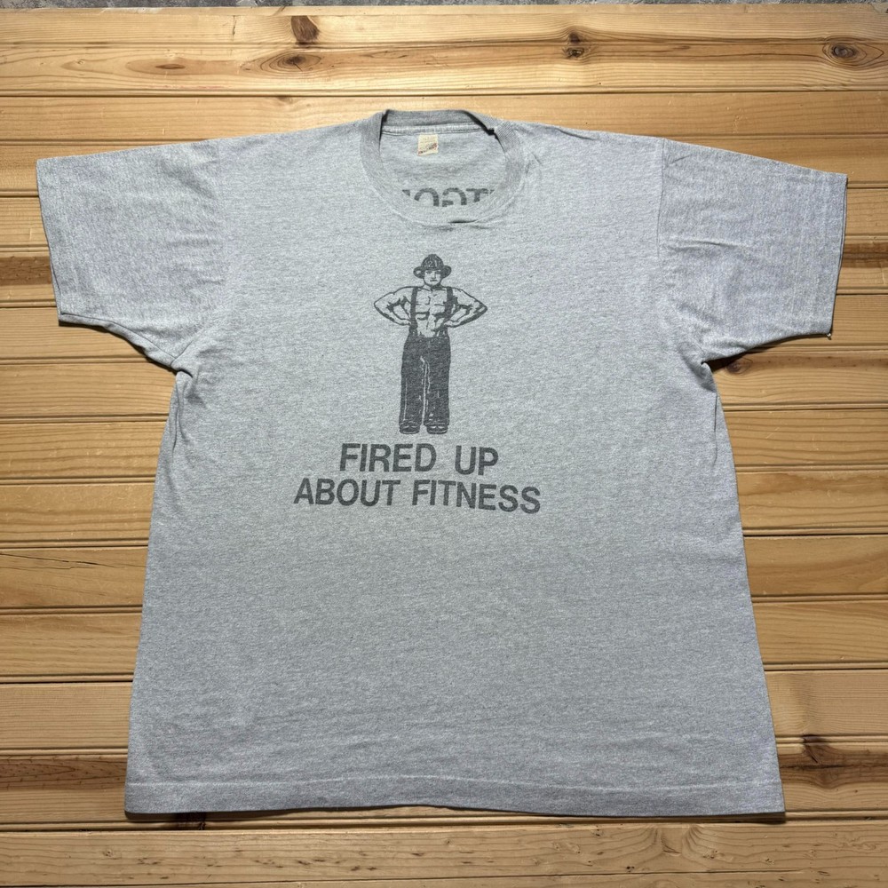 Vintage 80s Fired Up About Fitness Firefighter Montgomery Alabama Shirt Size XL