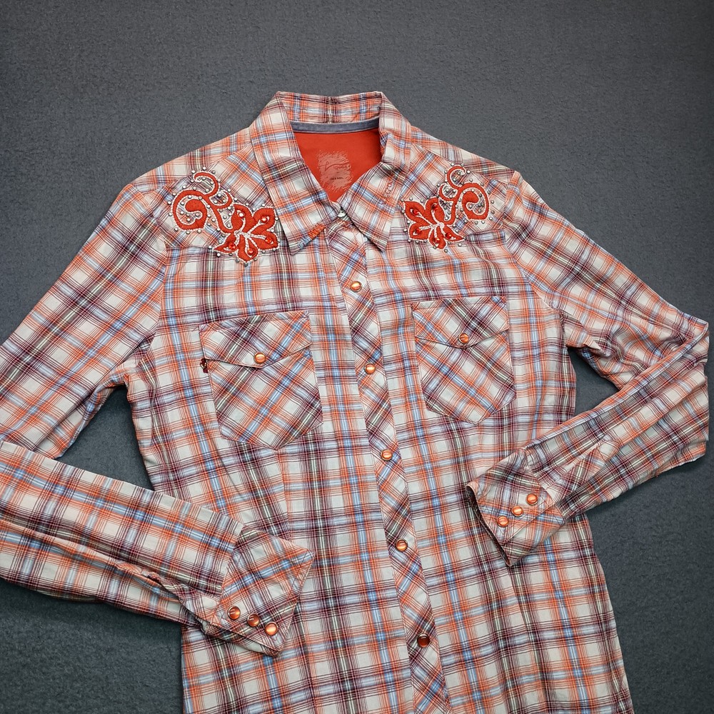Vigoss Womens Plaid Pearl Snap Shirt Juniors XL Embroidered Jeweled Western Style