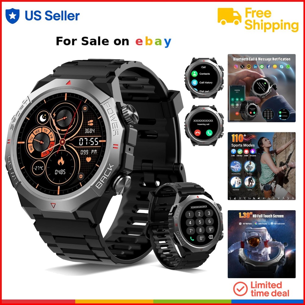 Rugged Military Smartwatch for Men with 1.39HD Display, Bluetooth Calls & Waterproof Fitness Tracker