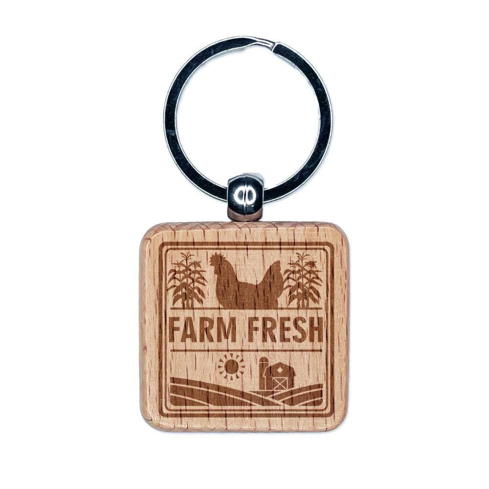 Farm Fresh Engraved Wood Keychain with Barn and Chicken Design  