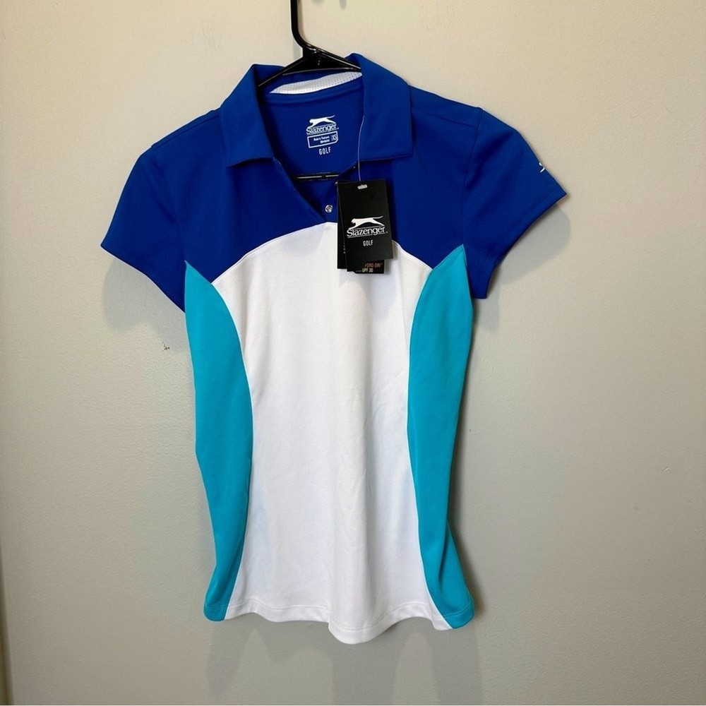 NWT Slazenger Golf Short Sleeve Polo XS UPF BLue White Hydro-Dri Womens
