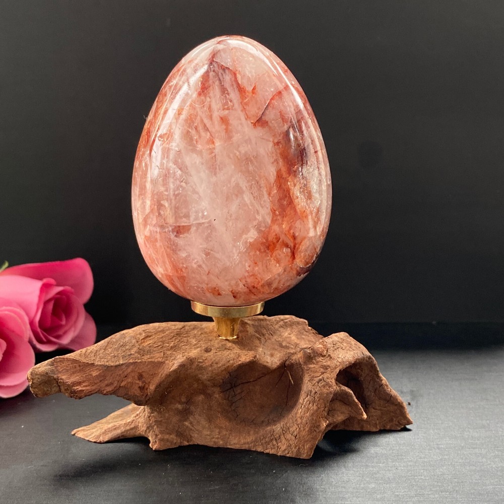 Natural Red Glue Flower Crystal Egg Carved Reiki Energy Healing Stone with Stand