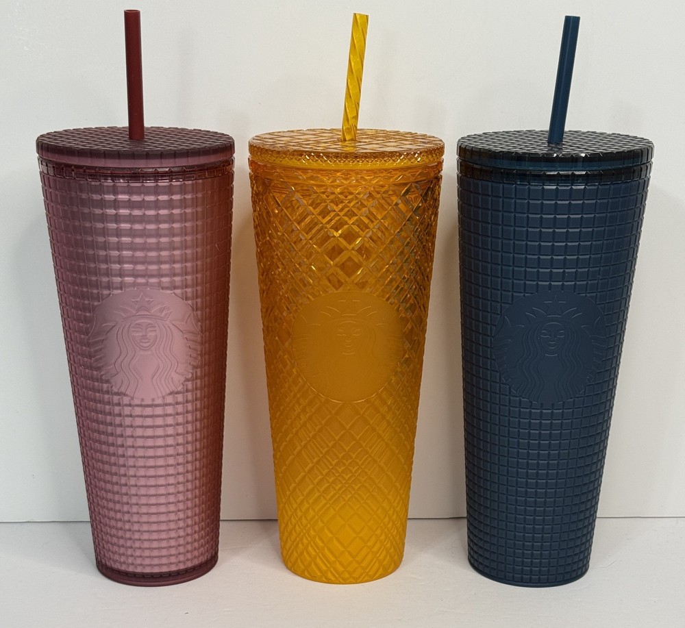 Starbucks Venti 24oz Tumblers Cups w/ Straw/Lid Grid Jewel (Lot Of 3) Multicolor