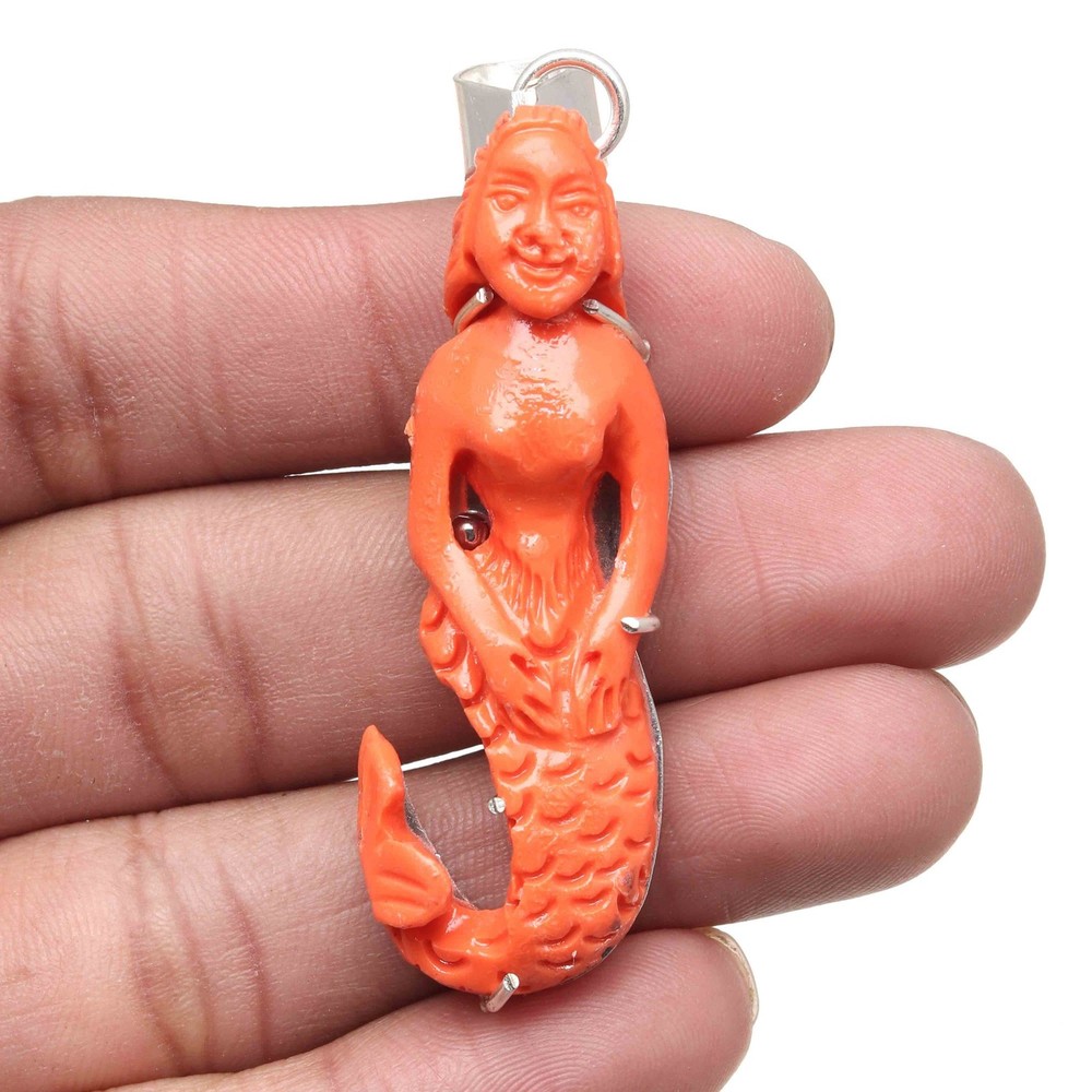 Handmade Red Coral Pendant Ethnic Silver Jewelry Lady Figher Gemstone 2.5 Inches