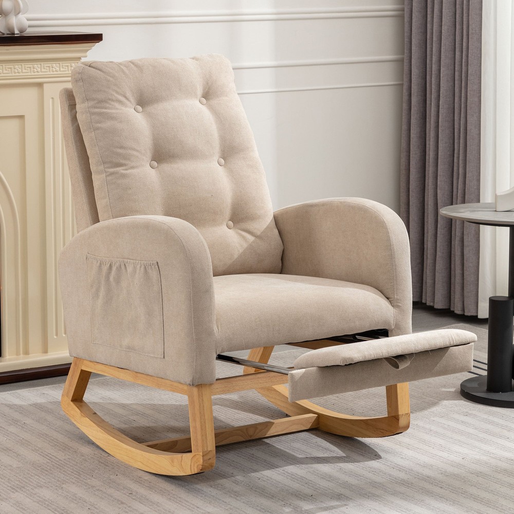 High Back Accent Rocking Chair with Footrest – Rubber Wood Frame