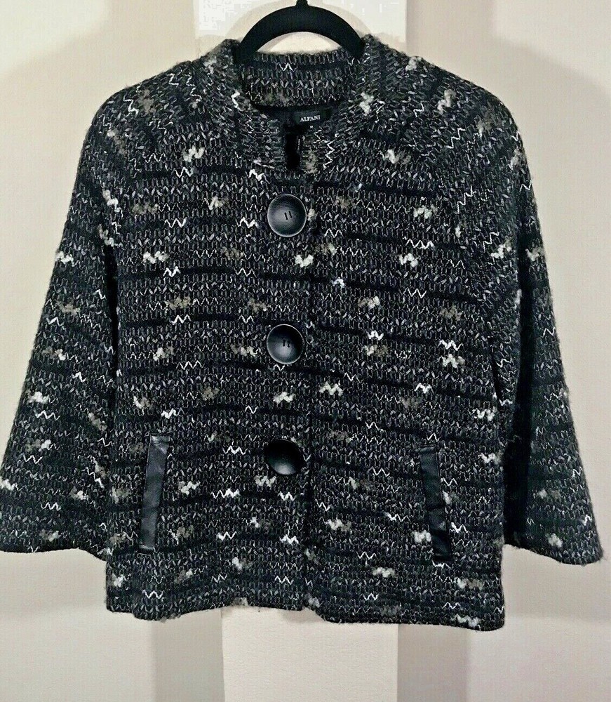 Alfani Black & White Tweed Jacket Blazer Size M Faux Leather Trim Pocket