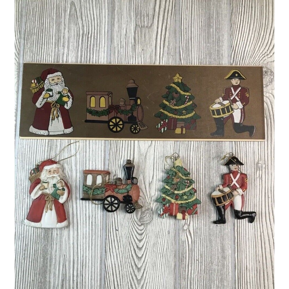 Hand Painted Wooden Christmas Tree Ornaments with Ceramic Santa and Storage Box