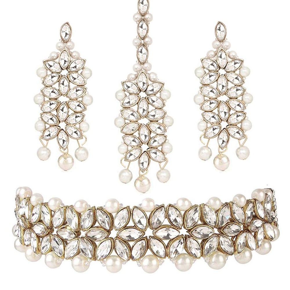 Aheli Gold Plated Kundan Jewelry Necklace with Earring Set Gift for Women White