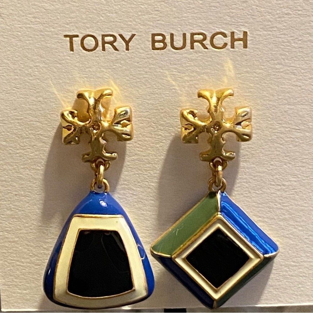 Tory Burch Roxanne asymmetric blue, green, black enamel drops w/ TB logo