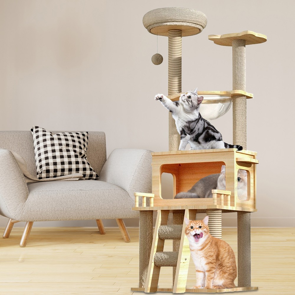 147cm Tall Cat Tree Tower with Playhouse Condo for Climbing Resting and Play
