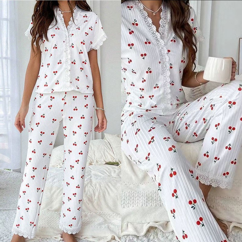 Lace Trim Short Sleeve Top and Long Pants For Cherry Print 2 Piece Pajama Set