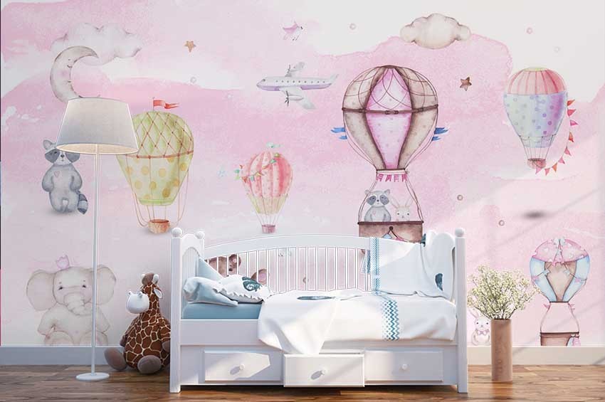 3D Hot Air Balloon Animal Watercolor Wall Murals Wallpaper Murals Wall Sticker