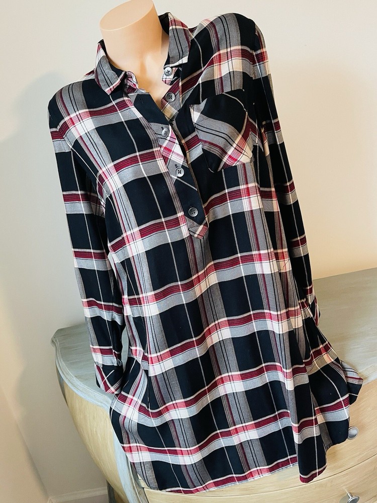 J. Jill S Small Plaid Shirt Dress Button Wearever Sleeve Pockets Black Red Smart