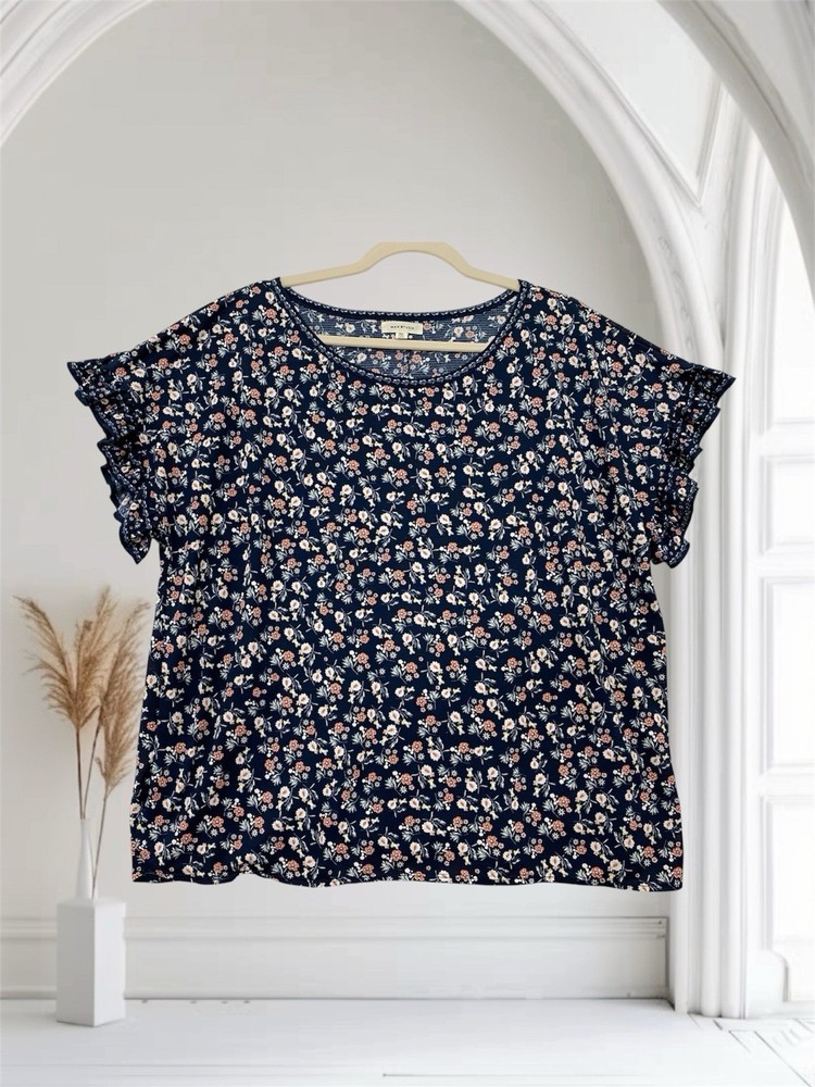 Max Studio Womens Floral Ruffle Short Sleeve Top Size XL Romantic Boho Chic $98
