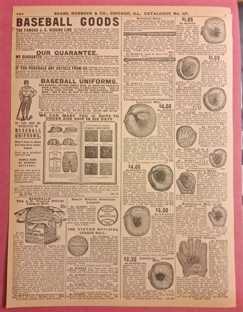 Baseball Boxing Equipment 1908 Sears Roebuck Vintage Advertisement Catalog Page
